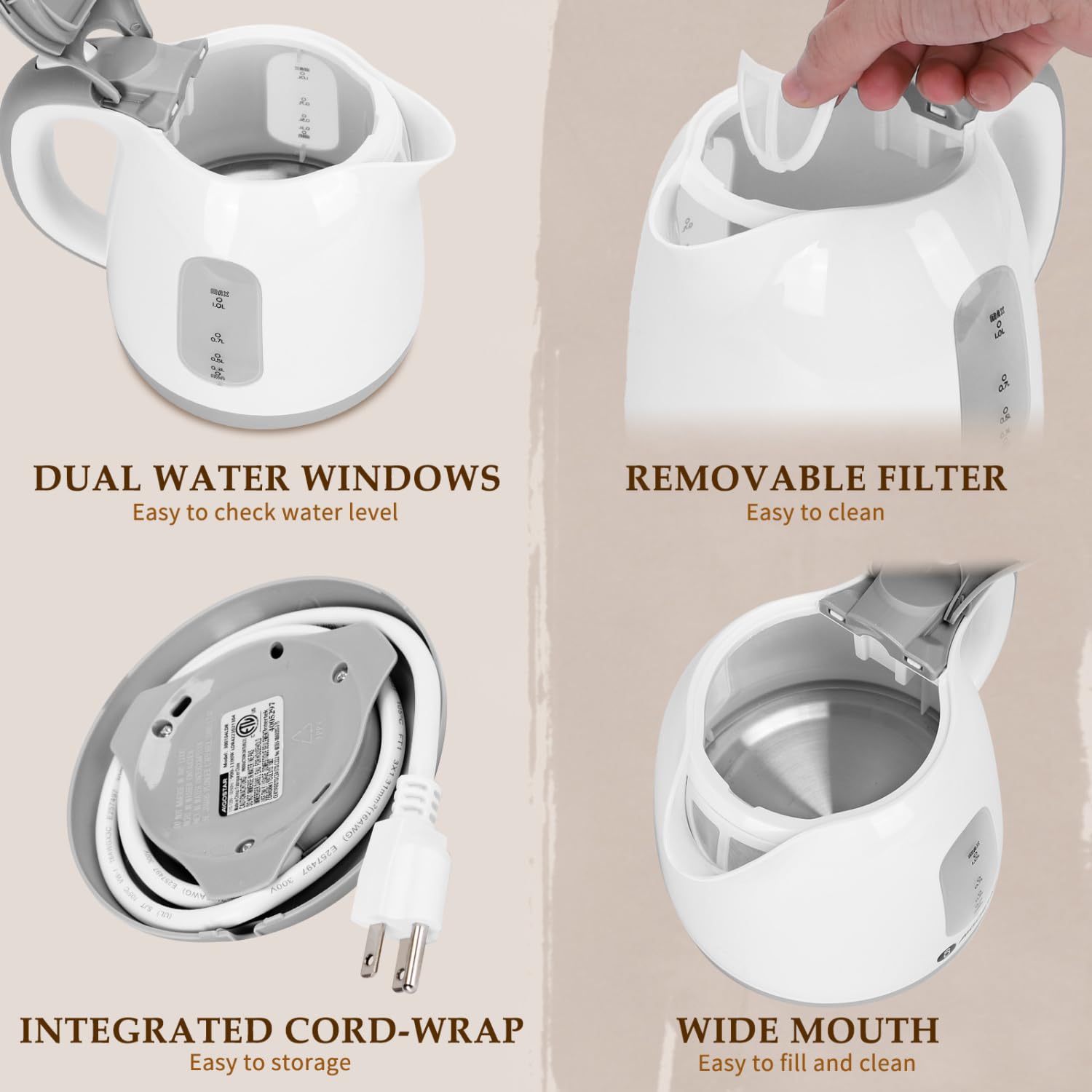 Aigostar Small Electric Kettle, 1L Portable Electric Tea Kettle 1100W with Automatic Shut-Off and Boil Dry Protection, Travel Hot Water Boiler Cordless for Making Coffee and Tea, BPA-Free, Grey