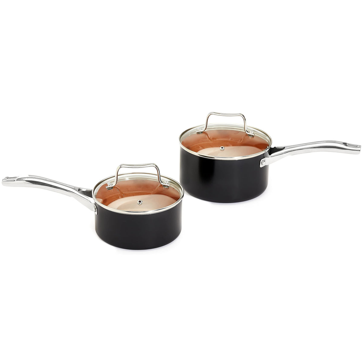Amazon Basics Ceramic Nonstick Cookware Set, Induction Ready, Dishwasher & Oven Safe, Even Heating, 10-Piece Set with Frying Pans, Saucepans, Glass Lids, Copper Color