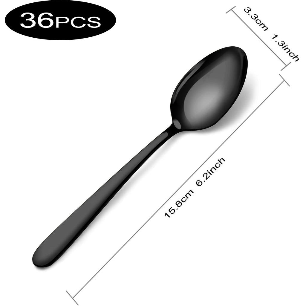Pleafind 36 Pieces Black Teaspoons Set - 6.2 inch, Spoon Silverware, Stainless Steel Tea Spoons, Mirror Polished Small Teaspoon, Dessert Spoons for Home, Kitchen, Restaurant, Dishwasher Safe