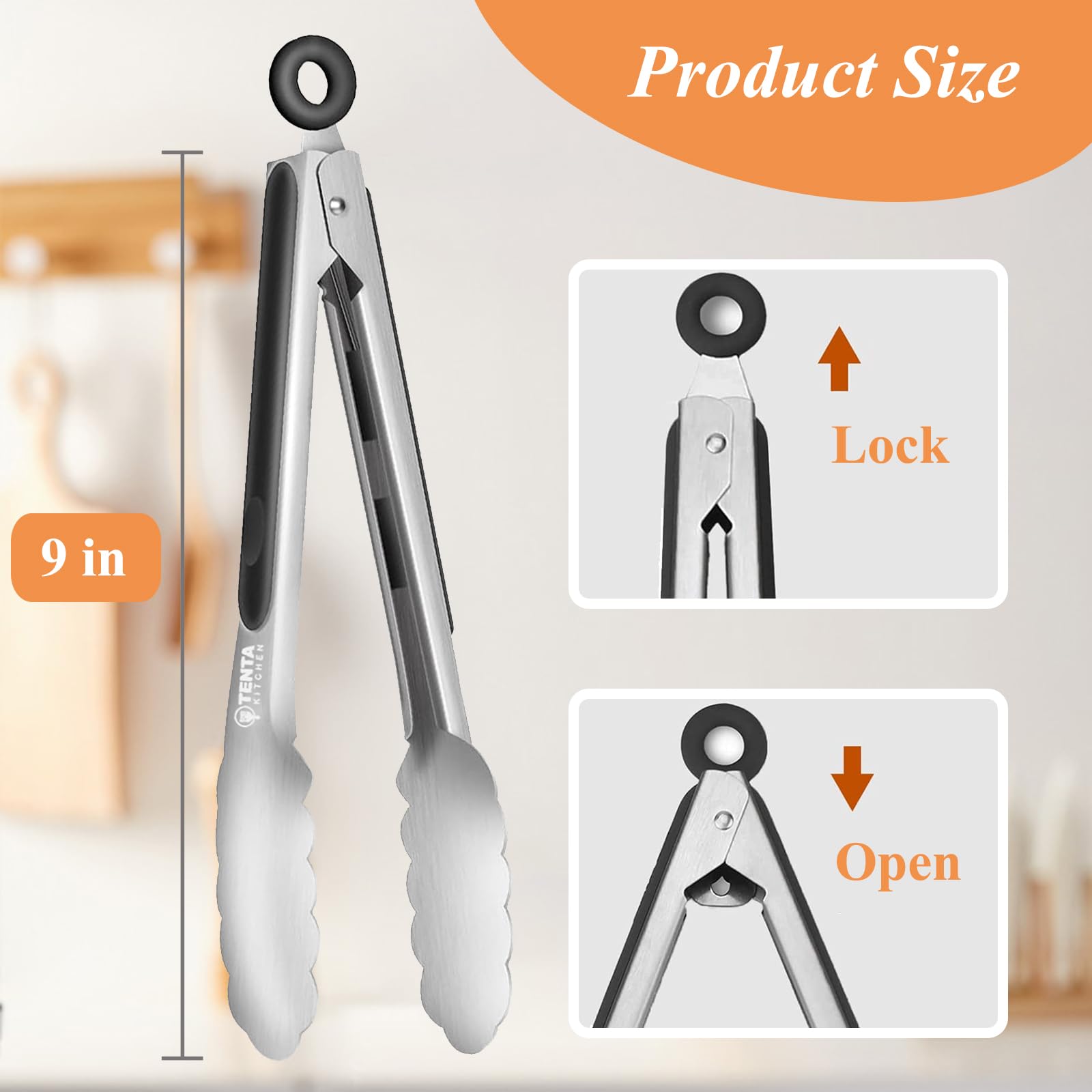 Tongs for Cooking, 9-Inch Stainless Steel Kitchen Tongs, Locking Metal Food Tongs with Silicone Non-Slip Grip, Kitchen Utensils for Food, Salad and Outdoor BBQ (Set of 4)