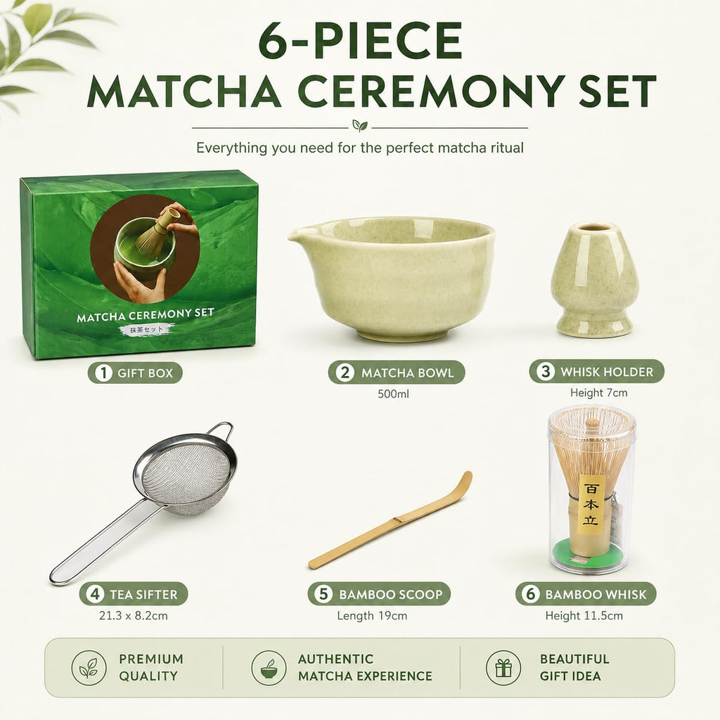 Rzoklot Matcha Tea Set – Japanese Matcha Bowl with Spout, Bamboo Whisk, Scoop, Holder & Strainer – Complete Ceremonial Matcha Kit for Beginners & Gift-Giving, Green