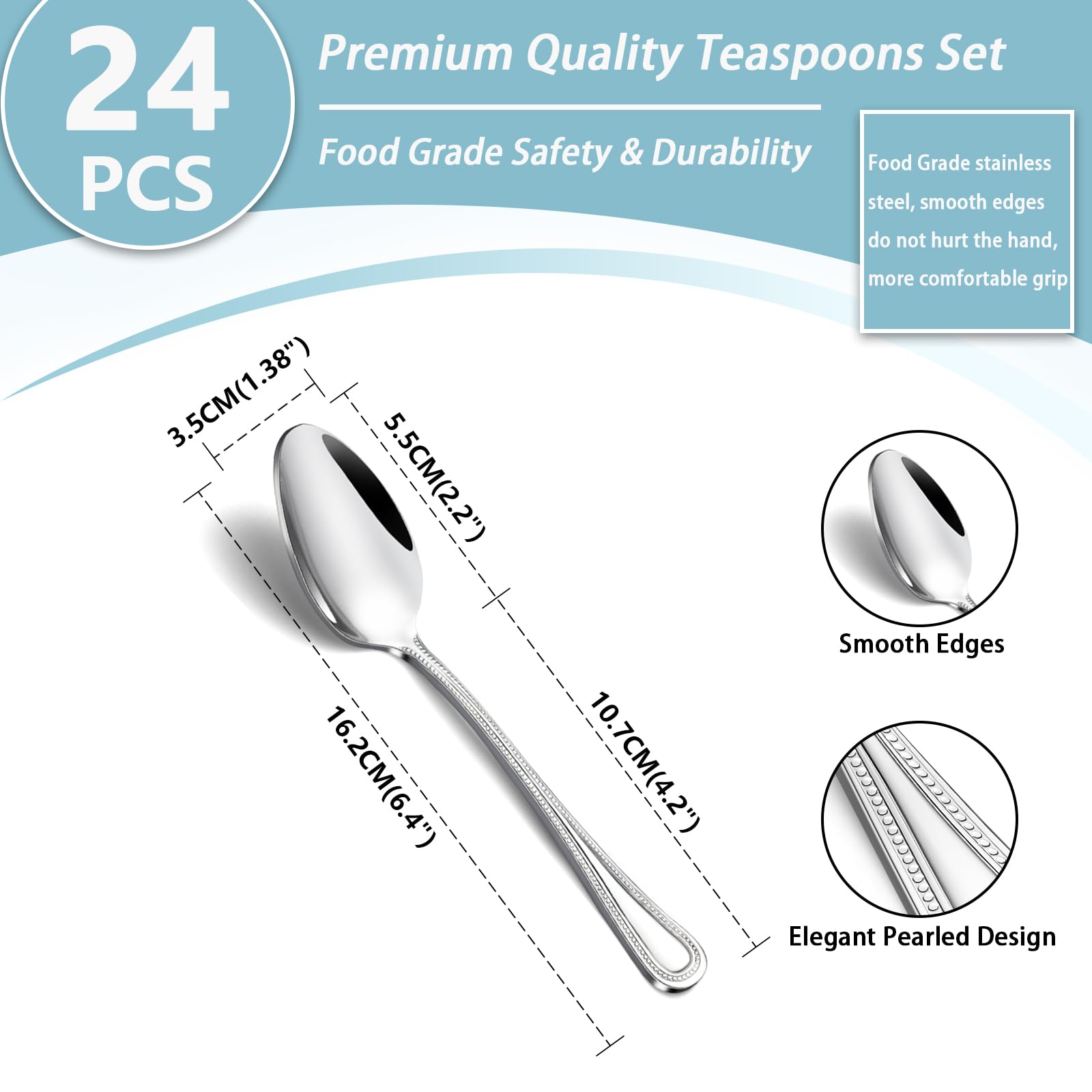 Gymdin 24 Pieces Teaspoons Set, 6.4 Inches Spoon Set, Stainless Steel Silverware, Small Spoons with Pearl Dot Design Handle, Dishwasher Safe, Tea Spoons Suitable for Home and Restaurant