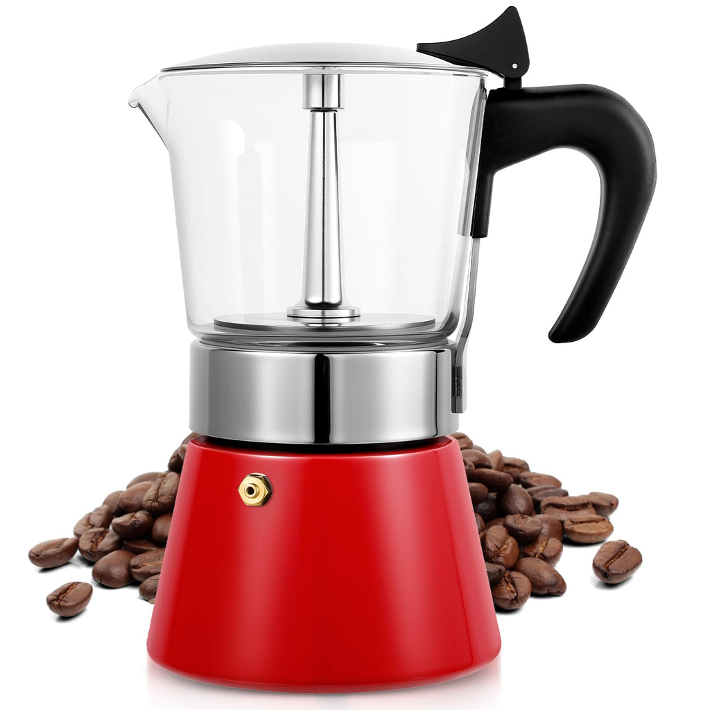 Suiitat 4 Cup Stainless Steel Moka Pot, 200ml Stovetop Espresso Maker, Red