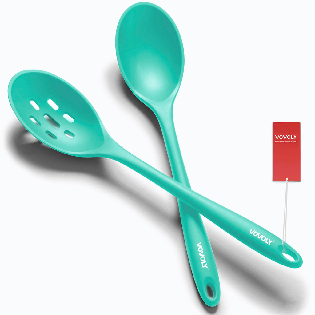 Vovoly Silicone Spoons for Cooking - Extra Large Solid & Slotted Set, Red
