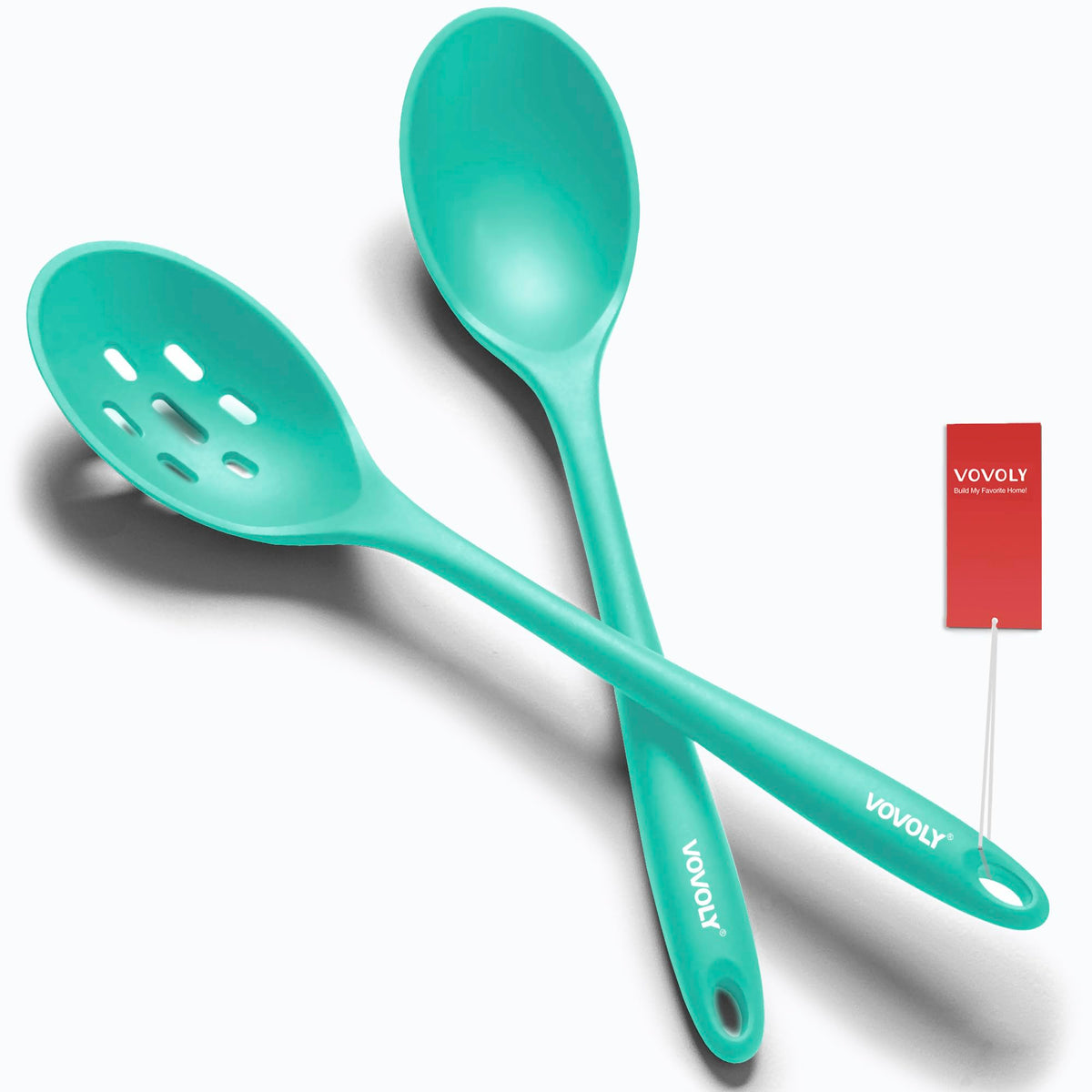Vovoly Silicone Spoons for Cooking - Extra Large Solid & Slotted Set, Red