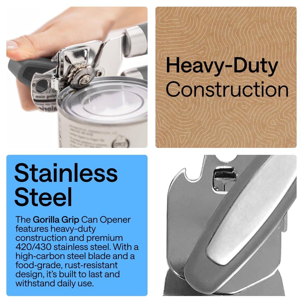 GORILLA GRIP Original Model Stainless Steel Smooth Edge Manual Can Opener and Bottle Openers, US Designed, Comfortable Handle, Oversized Handheld Turn Knob, Multifunctional Kitchen Tool, Gray