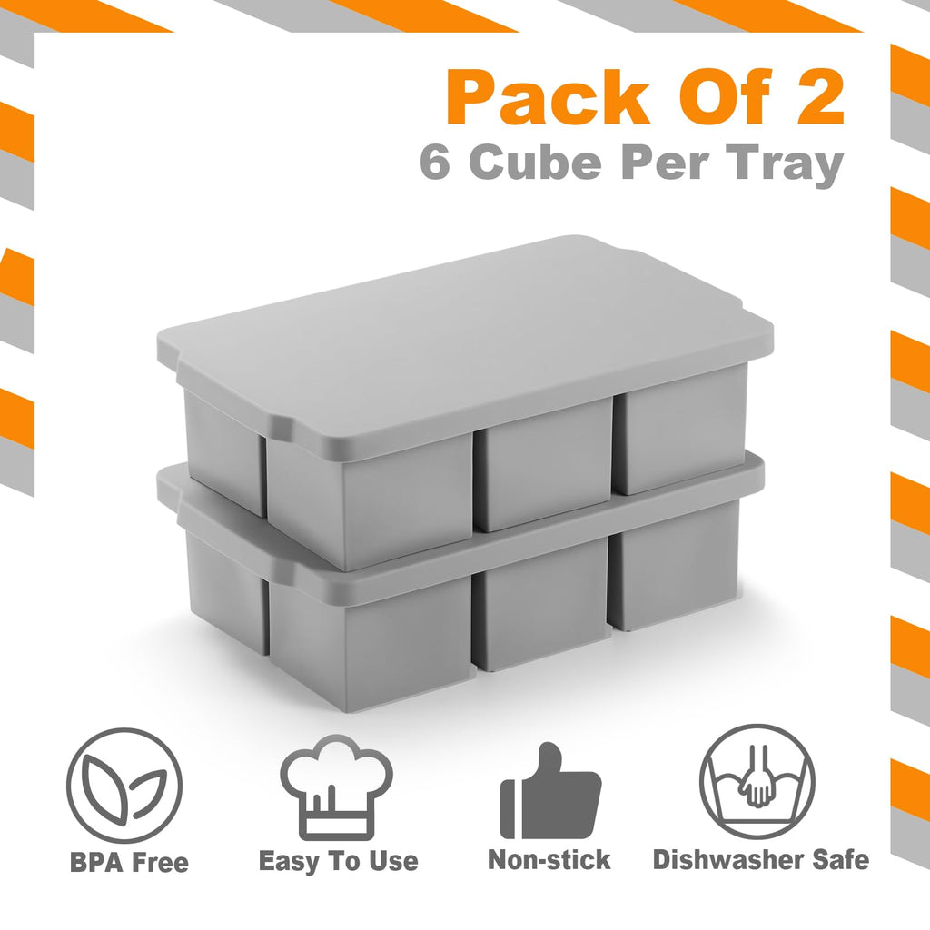 Nax Caki Large Ice Cube Tray with Lid Pack of 2, Stackable Big Silicone Square Ice Cube Mold for Whiskey Cocktails Bourbon Soups Frozen Treats, BPA Free