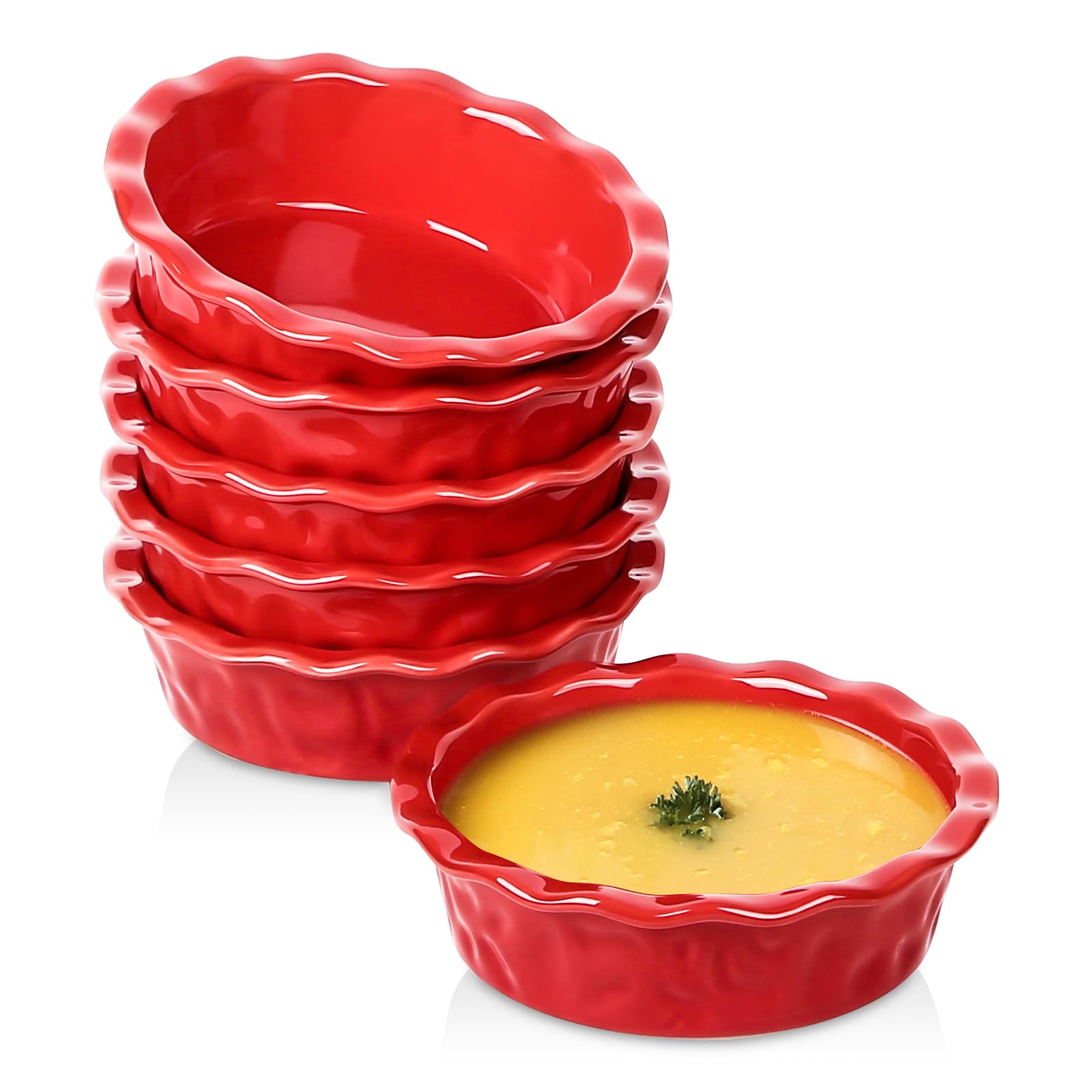 Vicrays Ceramic Pie Pan for Baking - 5.5 inch Small Pie Plates Deep Dish Round Pot Casserole Mini Serving Bowl - Microwave Oven Safe for Dessert Apple Pie Cake Tart Pizza Set of 6 - Red