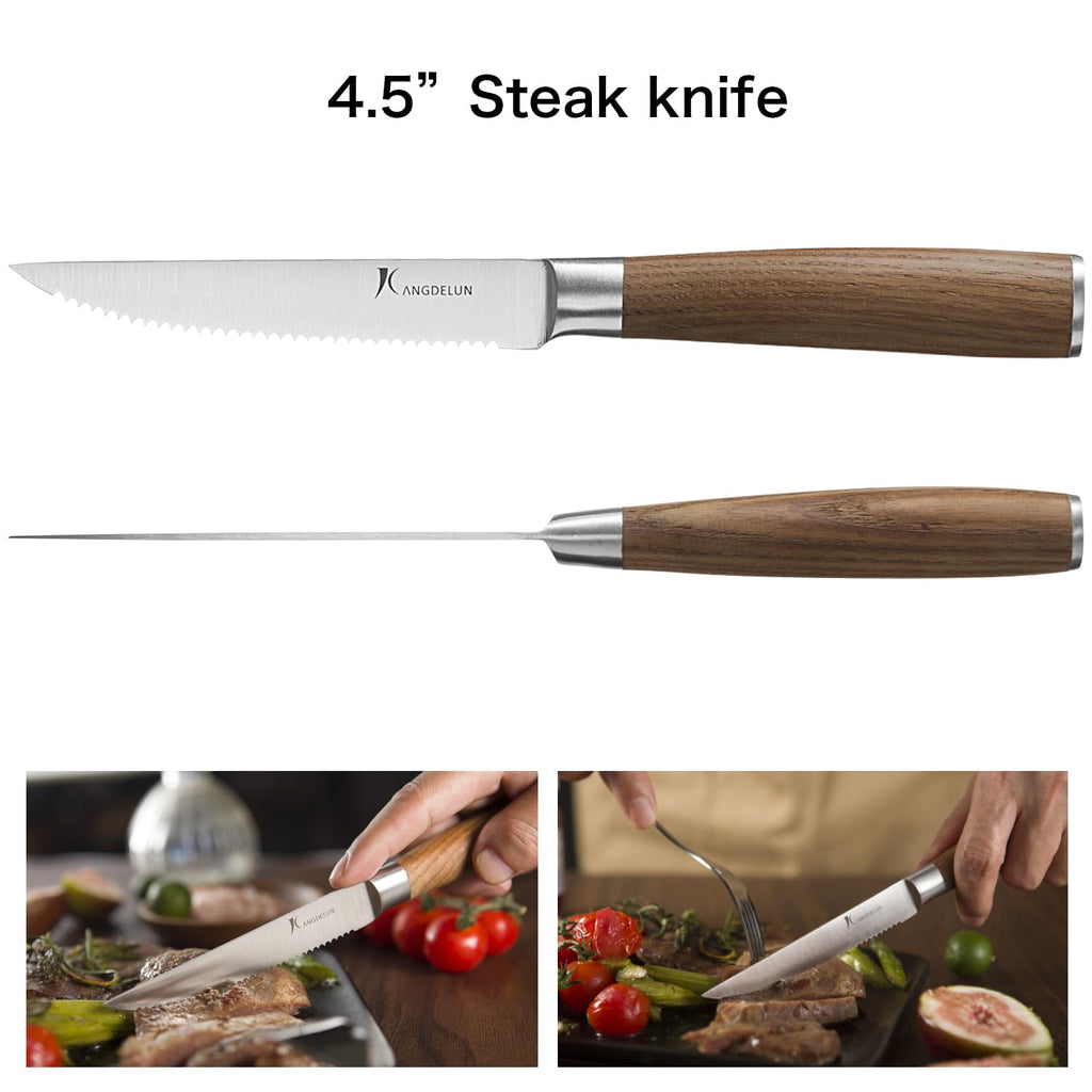 Kangdelun Ultra Sharp 15-Piece Knife Set, 50Cr15MoV High-Carbon Stainless Steel, Torrefied Brown Ash Wood Handles, Angled Dark Brown Wood Block, Easy Hand Wash, Gift Box