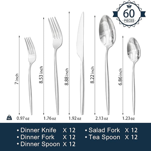 18/10 Silverware Set for 12, 60 Piece Stainless Steel Flatware Cutlery Set