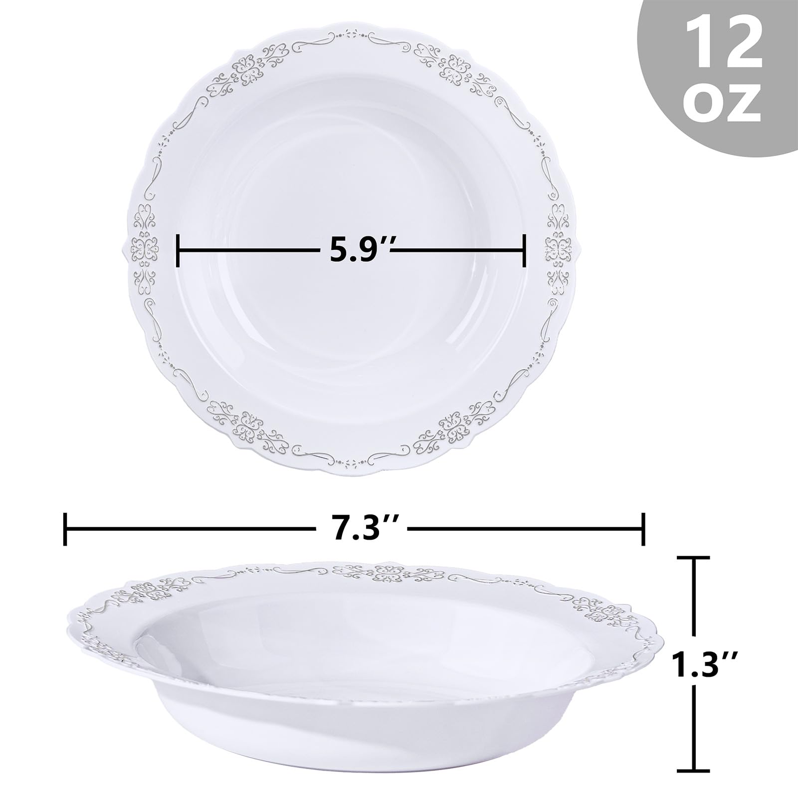 DaYammi 50 Pack Plastic Bowls with Silver Rim, 12oz Disposable Soup Bowls,Silver bowls Disposable Heavy Duty Dinner Bowl for Wedding,Plastic Serving bowls for Parties,Dinners,Catering and Everyday Use