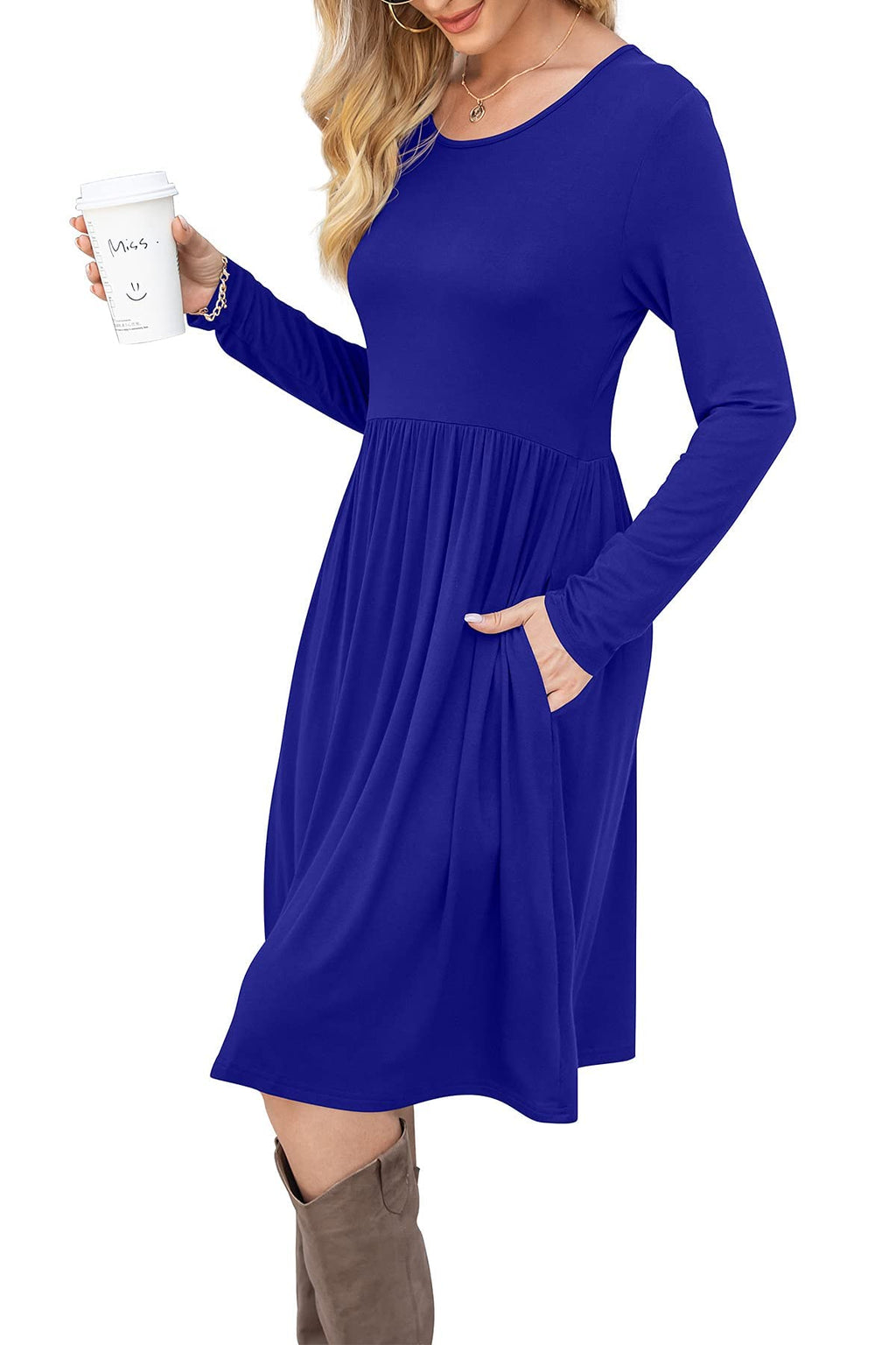 DB MOON Women Casual Long Sleeve Dresses Empire Waist Loose Dress with Pockets (Royal Blue, M)