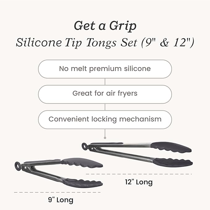 StarPack Premium Silicone Kitchen Tongs Set of 2 (9-Inch & 12-Inch) - Stainless Steel with Non-Stick Silicone Tips, High Heat Resistant to 480°F, For Cooking, Serving, Grill, BBQ & Salad (Gray Black)