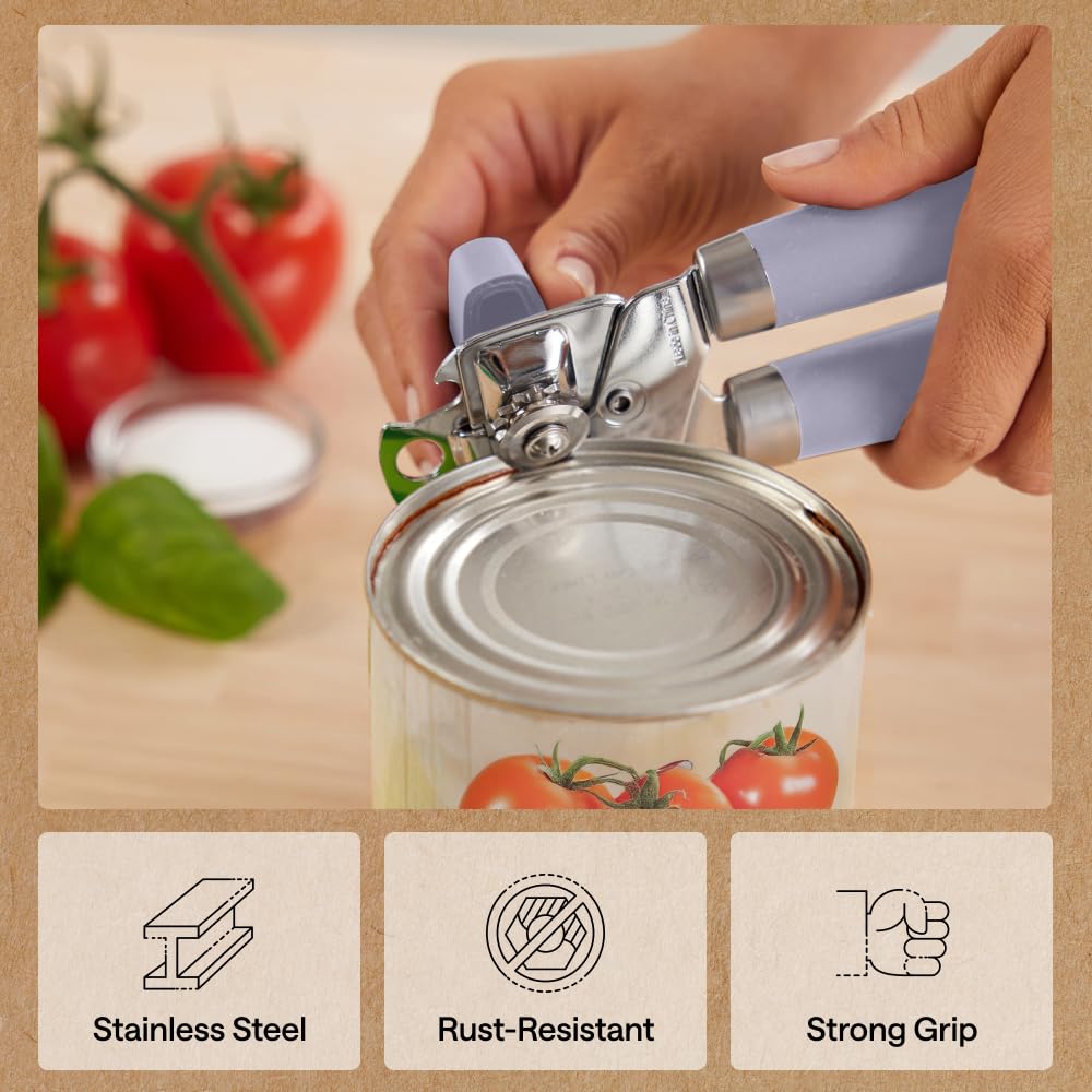 GORILLA GRIP Original Model Stainless Steel Smooth Edge Manual Can Opener and Bottle Openers, US Designed, Comfortable Handle, Oversized Handheld Turn Knob, Multifunctional Kitchen Tool, Lavender