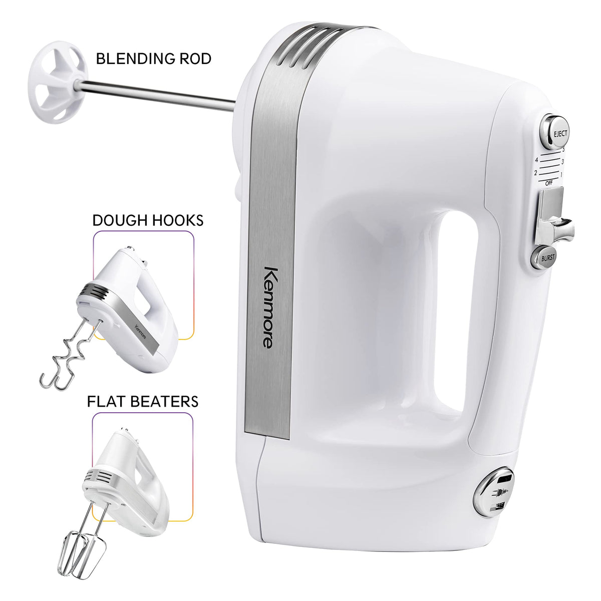 Kenmore 5-Speed Hand Mixer/Blender, 250 Watts, with Beaters, Dough Hooks, Liquid Blending Rod, Automatic Cord Retract, Burst Control, and Clip-On Accessory Storage