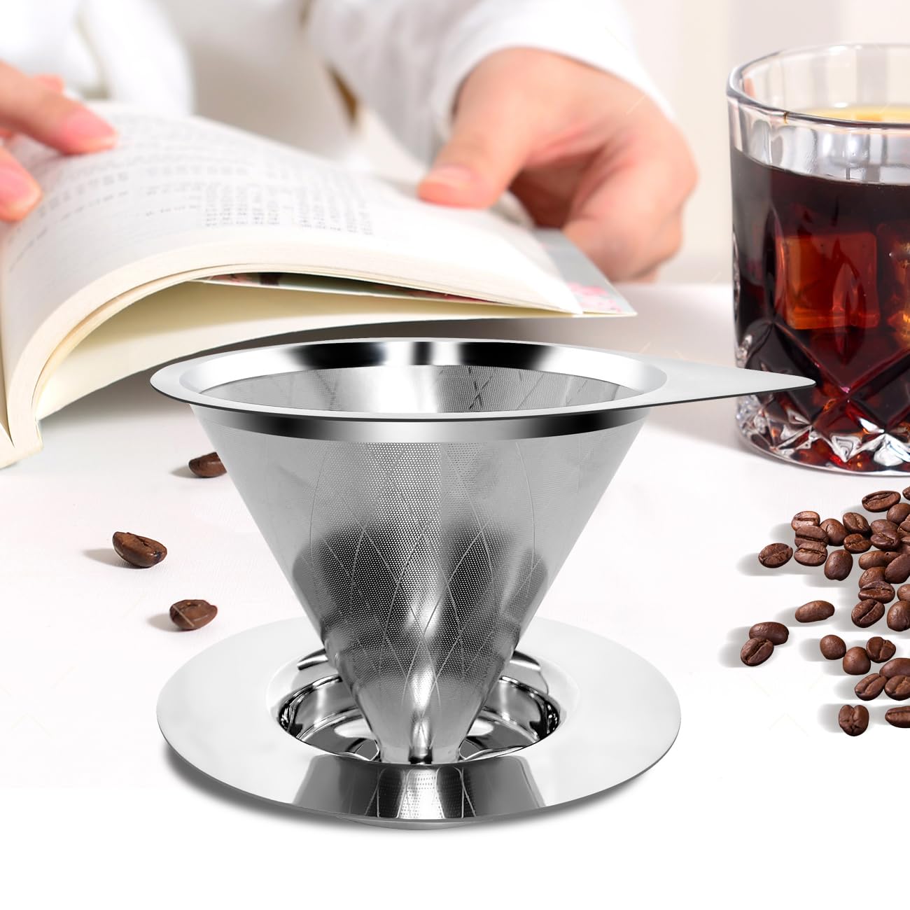 LHS Pour Over Coffee Dripper Reusable Coffee Filter Paperless Coffee Filter Stainless Steel Pour Over Coffee Maker Cone Coffee Dripper for 1-2 Cup,Argyle Pattern