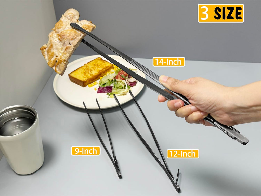 JETKONG 3 Pcs Extra Long Kitchen Tweezers 9 12 14 Inch Heavy Duty Stainless Steel Cooking Tweezers (Round Tips, Black)