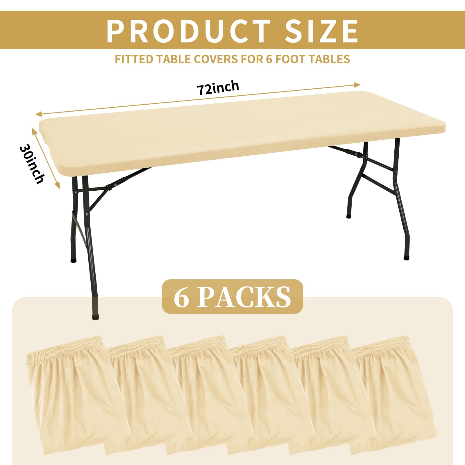 REWOMC 6 Pack Stretch Fabric Table Top Cap Cover, fits 6' Tables, Spandex Table Covers Washable Elastic Rectangle Tablecloth Protector for Indoor Outdoor Party Picnic Wedding, Beige, 30" W x 72" L