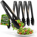 Plastic Tongs for Serving (Pack of 12) 9 Inch - Heavy-Duty Hard Plastic Reusable or Disposable Serving Tongs for Catering, Dinner Parties, Banquets, Buffets, Events, Weddings and Everyday Use, Black