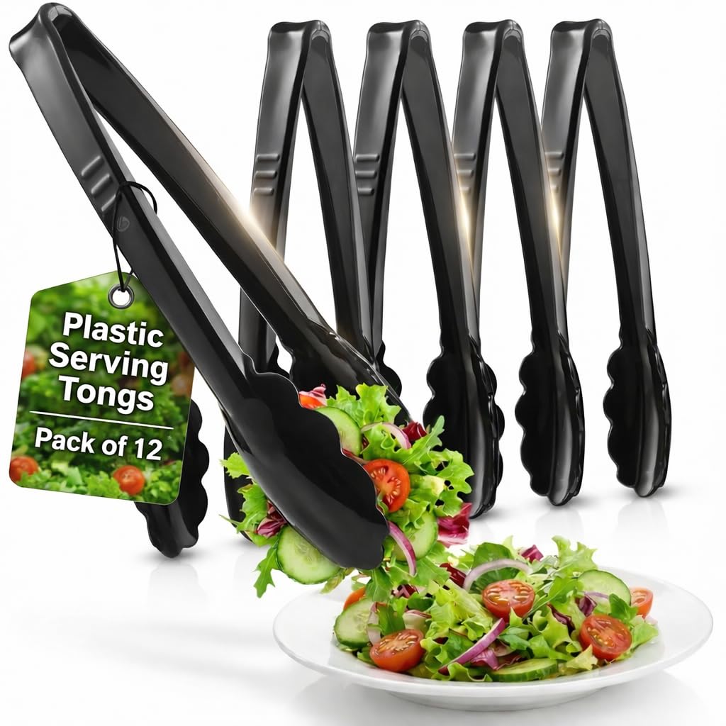 Plastic Tongs for Serving (Pack of 12) 9 Inch - Heavy-Duty Hard Plastic Reusable or Disposable Serving Tongs for Catering, Dinner Parties, Banquets, Buffets, Events, Weddings and Everyday Use, Black