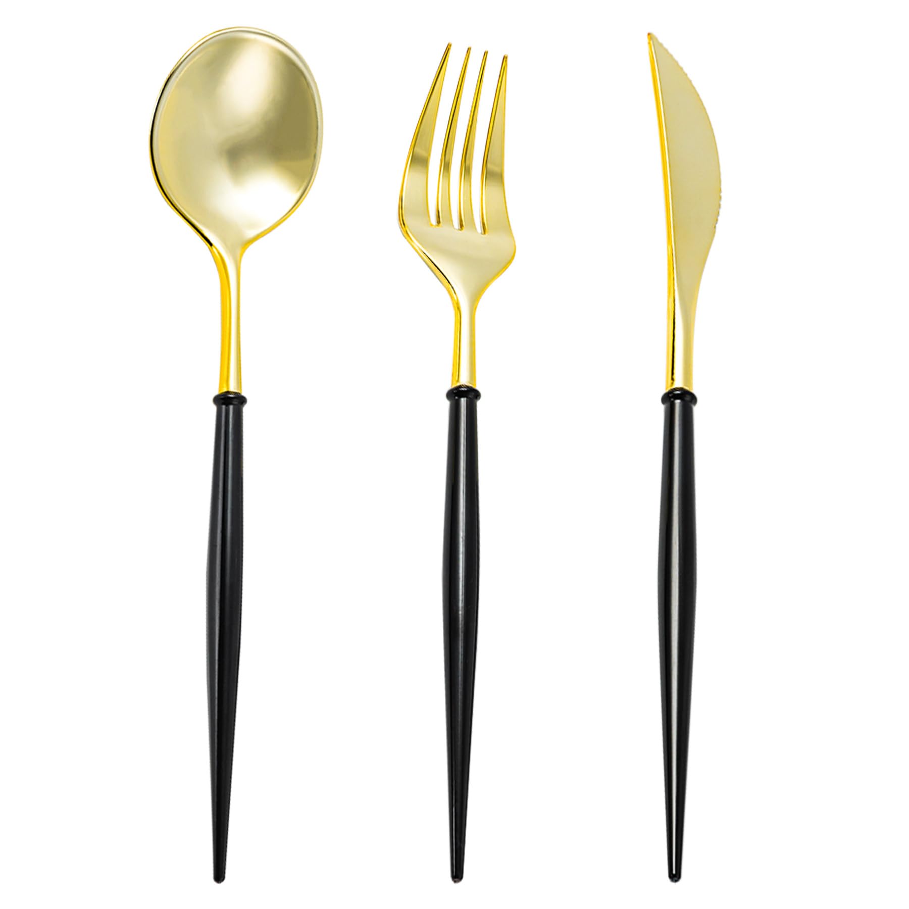 N9R 150Pcs Gold Plastic Silverware - Gold Disposable Cutlery Set with Black Handles with 50 Forks, 50 Spoons and 50 Knives - Perfect for Parties,Halloween, Birthdays, Wedding and Everyday Use