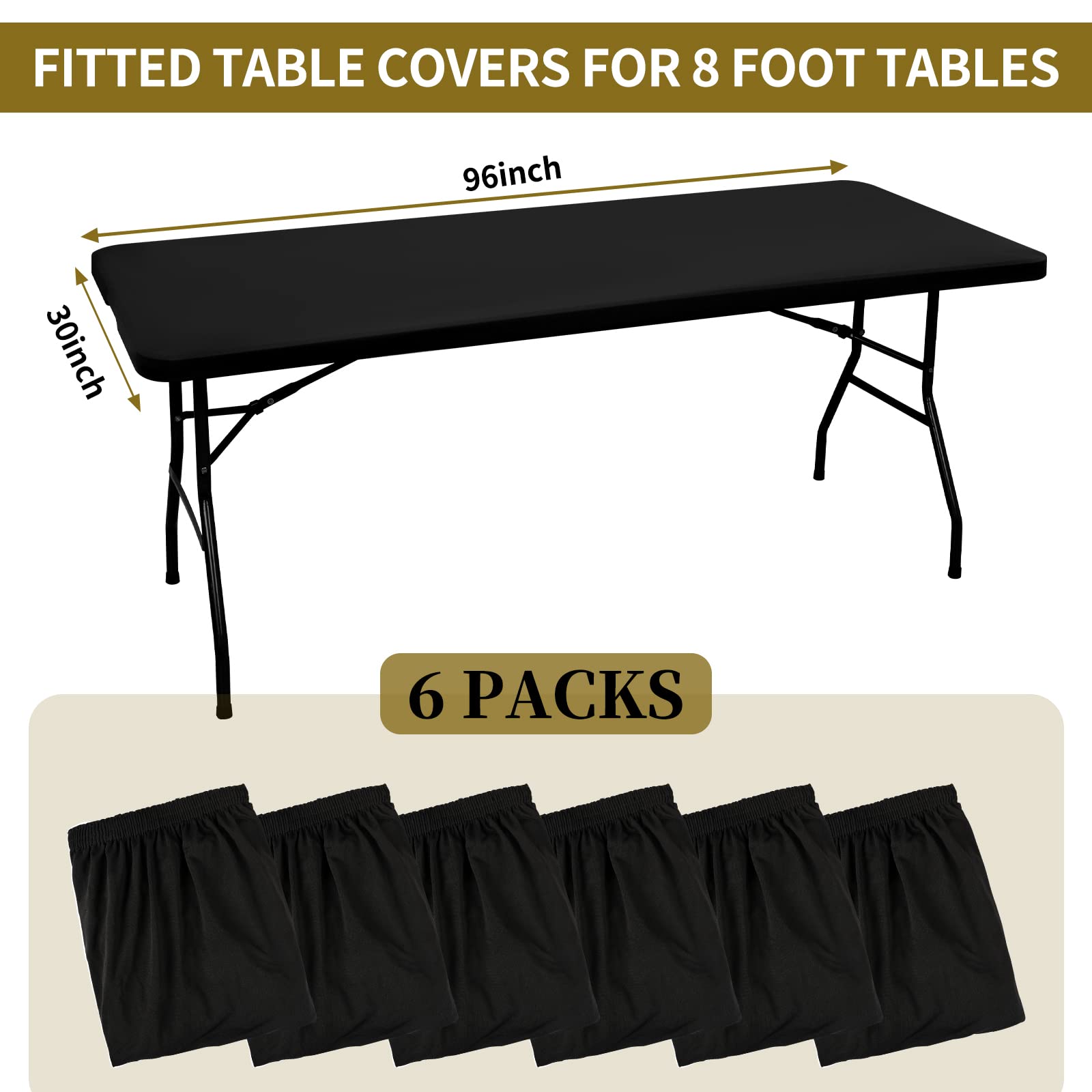 6 Pack Stretch Fabric Table Top Cap Cover, fits 8' Tables, Spandex Table Covers Washable Elastic Universal Rectangle Tablecloth Protector for Indoor Outdoor Party Picnic Wedding, Black, 30" W x 96" L