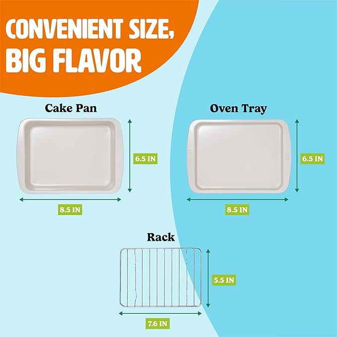 Tasty Nonstick Toaster Oven Baking Set Includes Cake Pan, Oven Tray, Rack, Carbon Steel Bakeware, 3-Piece Set, Pink