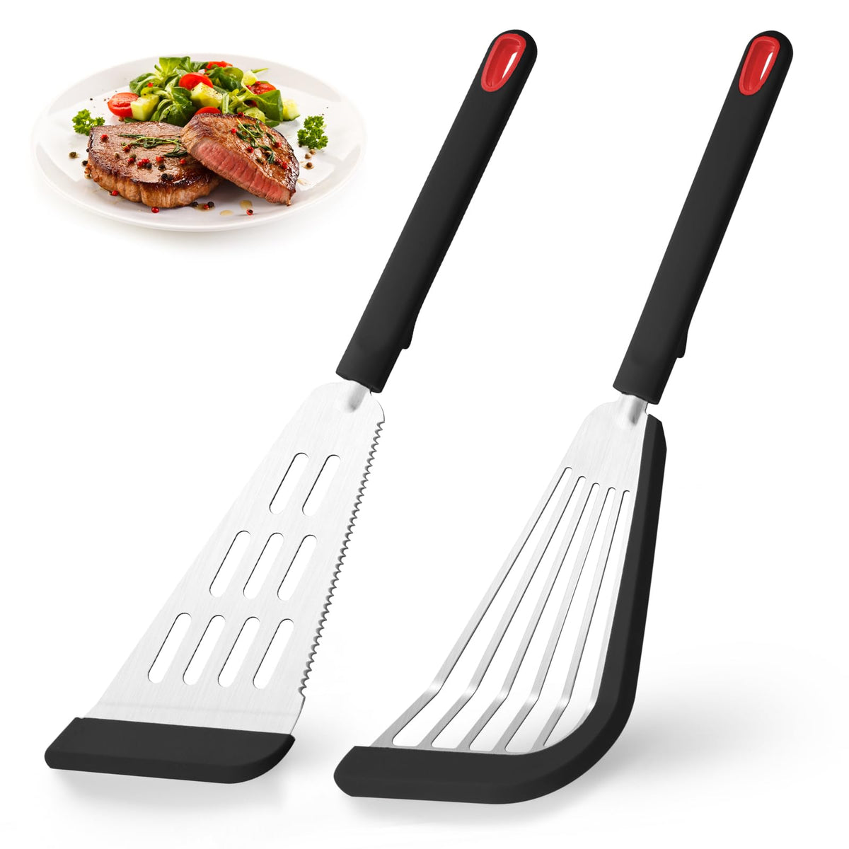 2-Piece Silicone Fish Spatula for Nonstick Cookware,Thin Slotted Turner