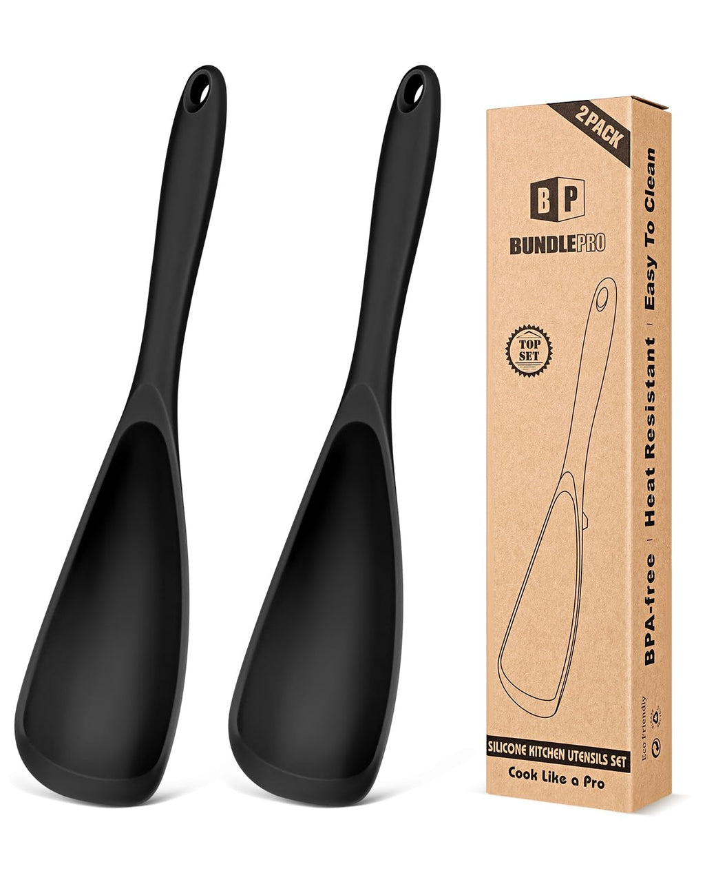 BUNDLEPRO Silicone Cooking Spoons for Nonstick Cookware, One-Piece, 2 Pack