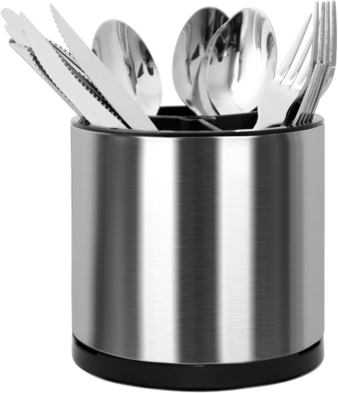 Haiyouneer Silverware Caddy Cutlery Organizer for Countertop 360° Rotating Silverware Holder for Fork Knife Spoon Flatware Organizer 3 Compartments Cutlery Holder
