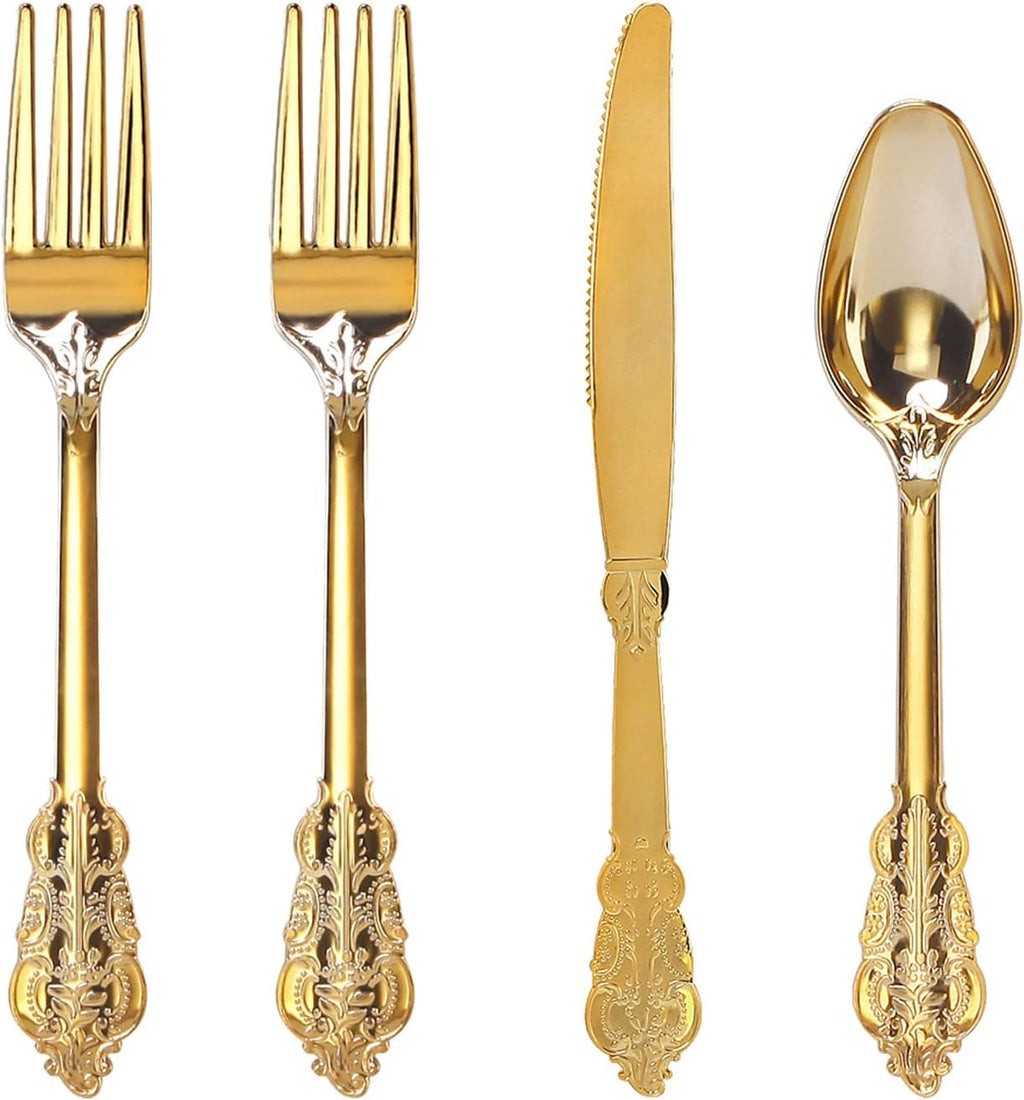 WDF 200 Pieces Gold Plastic Silverware Disposable - 50 Guests Heavy Duty Thanksgiving Gold Plastic Cutlery - Disposable Utensils Includes 100 Forks, 50 Spoons, 50 Knives Perfect for Party/Weeding