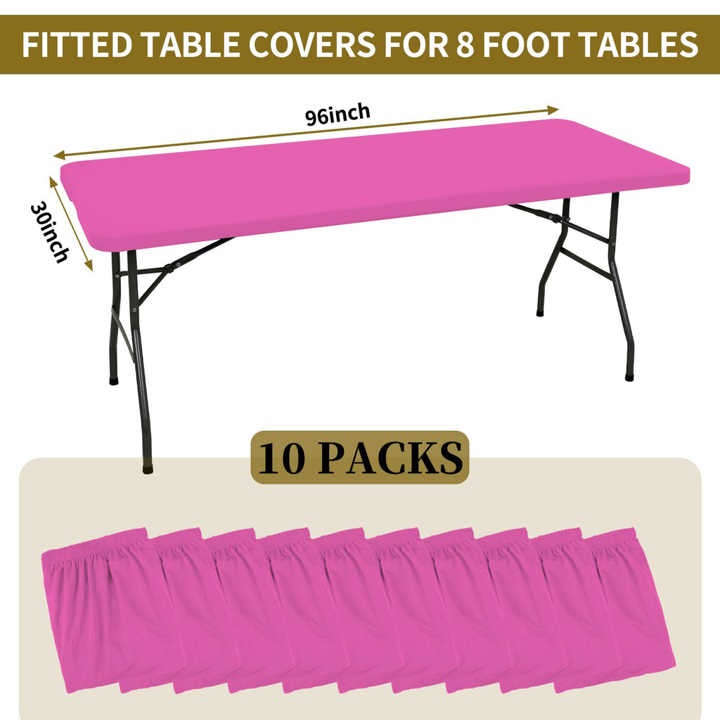 10 Pack Fitted Tablecloth for 8 Foot Rectangle Tables, Hot Pink Elastic Outdoor Picnic Table Cover, Washable Stretch Folding Table Cloths 8 ft for Camping Party Patio Kitchen Banquet, 30" W x 96" L