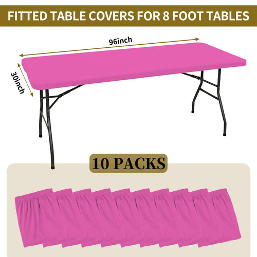 10 Pack Fitted Tablecloth for 8 Foot Rectangle Tables, Hot Pink Elastic Outdoor Picnic Table Cover, Washable Stretch Folding Table Cloths 8 ft for Camping Party Patio Kitchen Banquet, 30" W x 96" L
