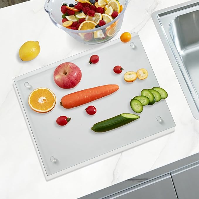 Tempered Glass Cutting Board for Kitchen, Clear Glass Board for Countertop, Heat Resistant, with Non-Slip Feet, 12x16" 1Pcs