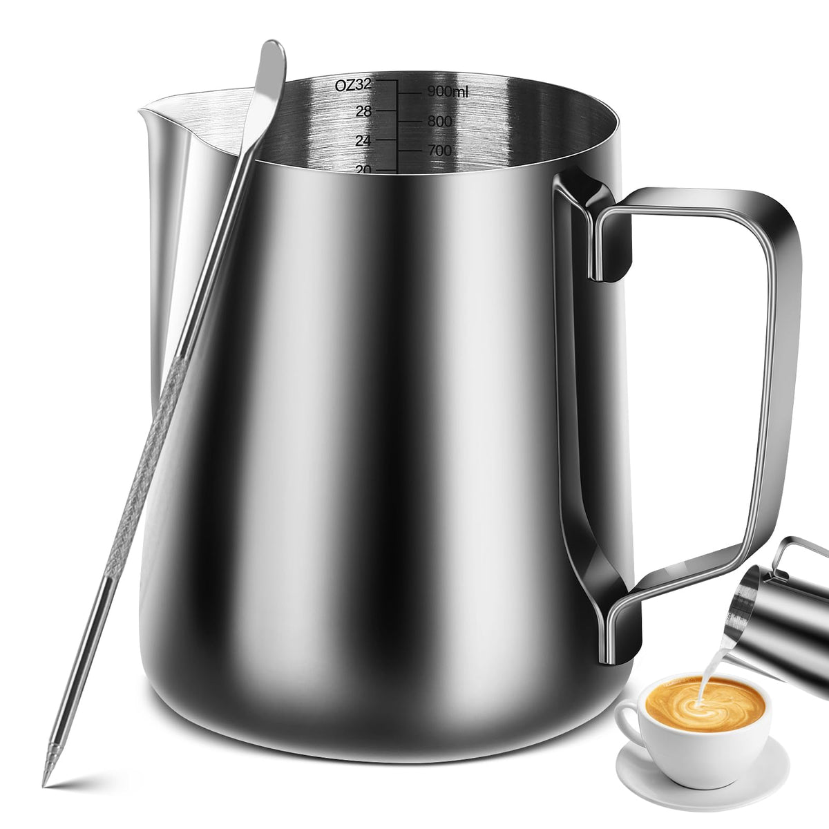 Milk Frothing Pitcher, 12OZ/350ML Stainless Steel Espresso Steaming Pitcher Coffee Milk Frother Cup with Decorating Art Pen for Espresso Machine, Milk Frother, Latte Art Black