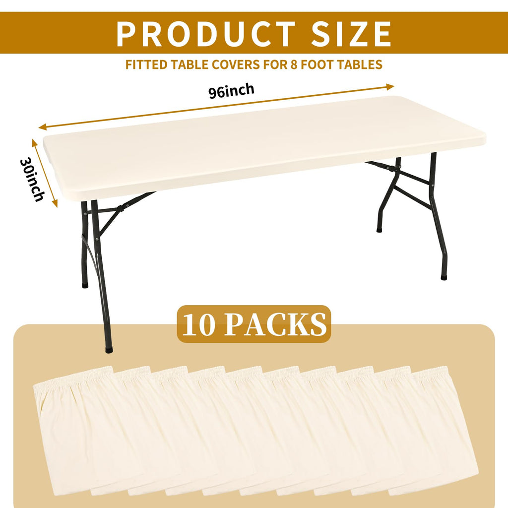 10 Pack Fitted Tablecloth for 8 Foot Rectangle Tables, Ivory Elastic Outdoor Picnic Table Cover, Washable Stretch Folding Table Cloths 8 ft for Camping Party Patio Kitchen Banquet, 30" W x 96" L