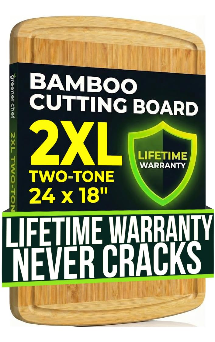 HUGE 24 Inch Bamboo Cutting Board with Lifetime Replacement - 2XL Extra Large Wooden Butcher Block for Kitchen, Stove Top, Meat, Vegetables, and Charcuterie with Deep Juice Grooves
