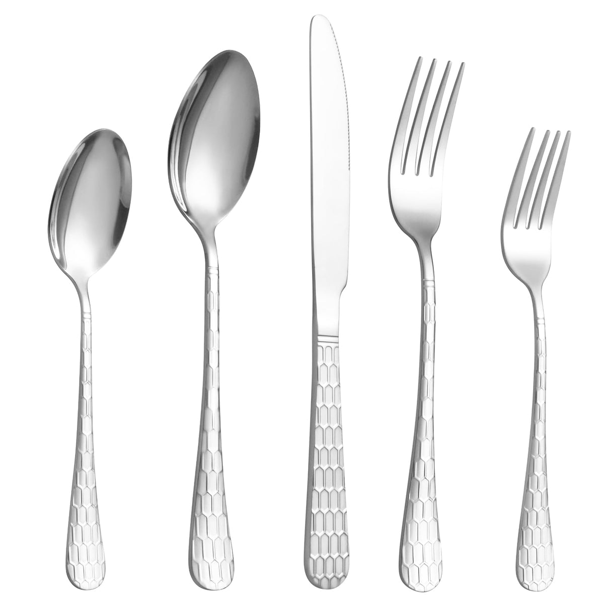 40 Pcs Silver Silverware Set for 8, Food Grade Stainless Steel Flatware Set, Eating Utensils Sets Include Fork/Knife/Spoon, Reusable Cutlery Set for Home Kitchen, Dishwasher Safe, Round Hammered