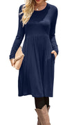 DB MOON Women Casual Long Sleeve Dresses Empire Waist Loose Dress with Pockets (Navy Blue, S)