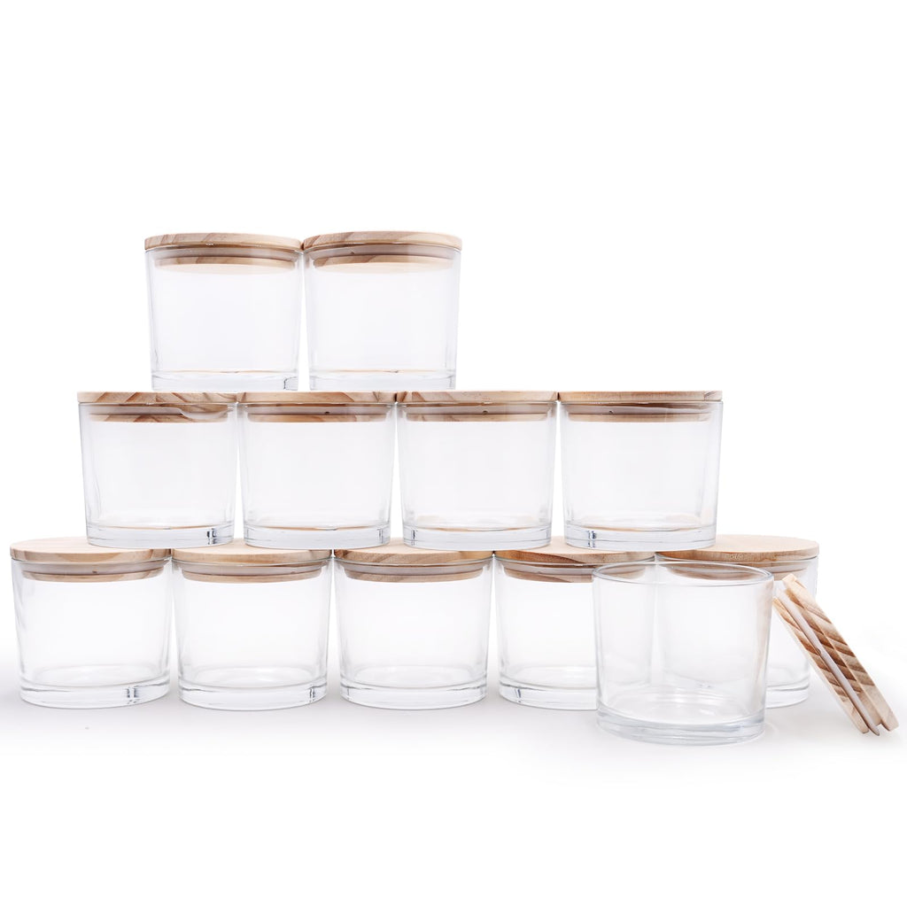 SHOWIN Thick Candle Jars for Making Candles 12 Pcs, 7 OZ Empty Jars with Wood Lids for Candle Making, Sample Container, Clear