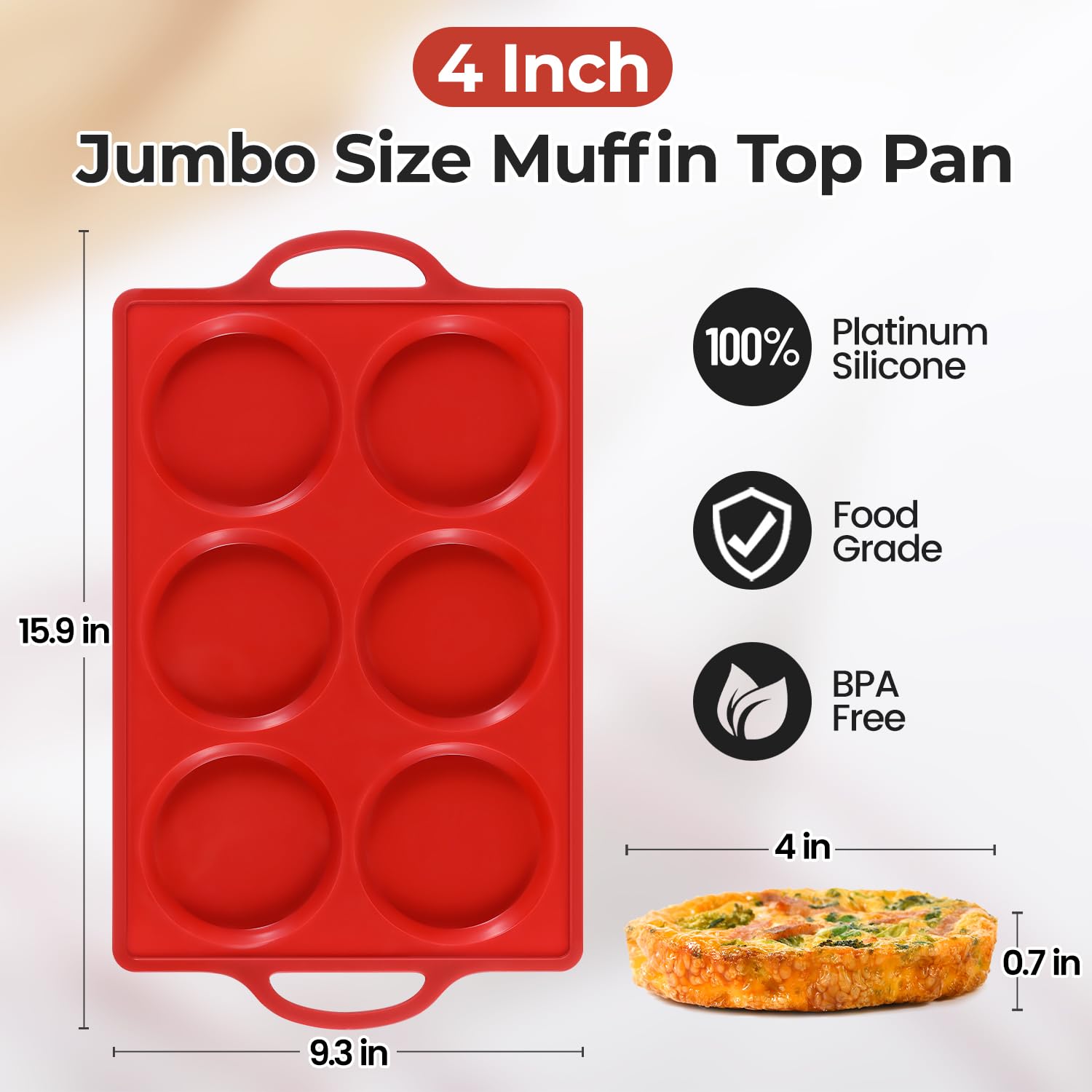 CAKETIME Muffin Top Pan Non Stick, 4 Inch Metal Frame Round Silicone Egg Baking Pan for Oven English Muffins, Whoopie Pies, Corn Bread, Egg Bites, Breakfast Sandwiches Tarts 3 Pack Red
