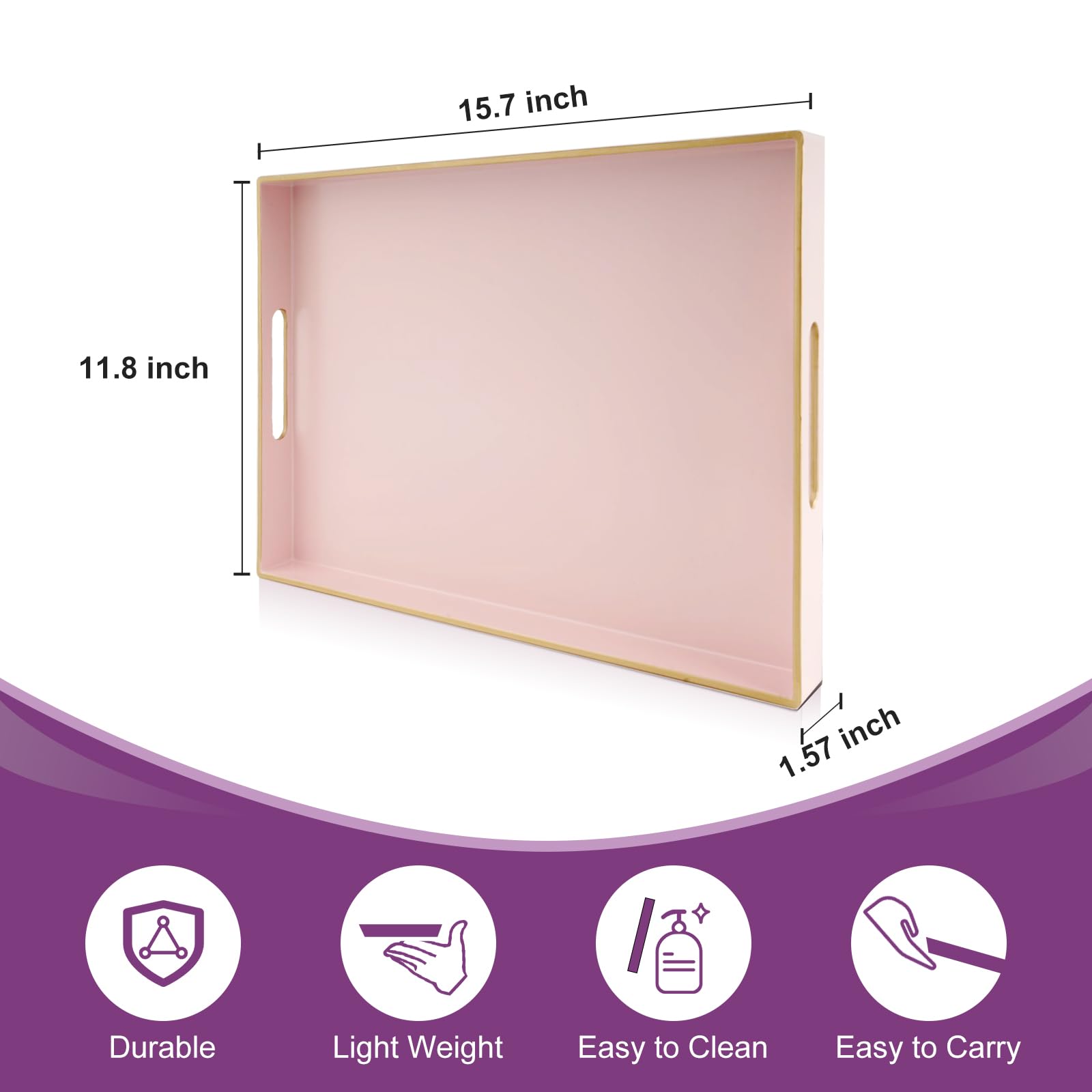Gifturbo Pink Large Serving Tray with Handles，Rectangular Plastic Elegant Decorative Coffee Table Tray for Ottoman, Living Room, Bathroom, Home Decor, Vanity Trays with Gold Trimming, 15.7” x 11.8”