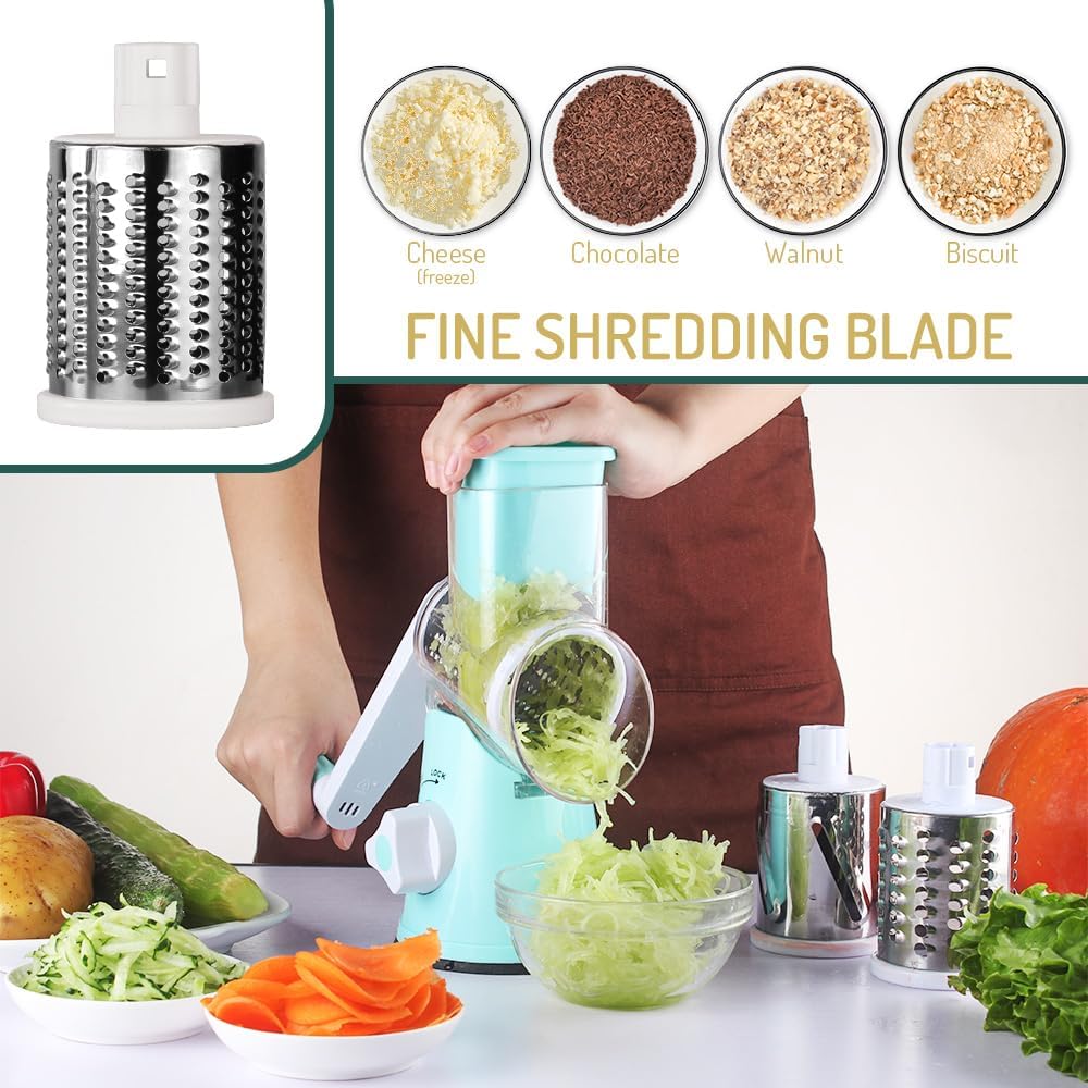 Maxceysen Rotary Cheese Grater with Handle Vegetable Shredder Round Kitchen Slicer Mandoline Grater for Vegetable, Nuts, Chocolate, Cheese, White, 3 Stainless Steel Blades