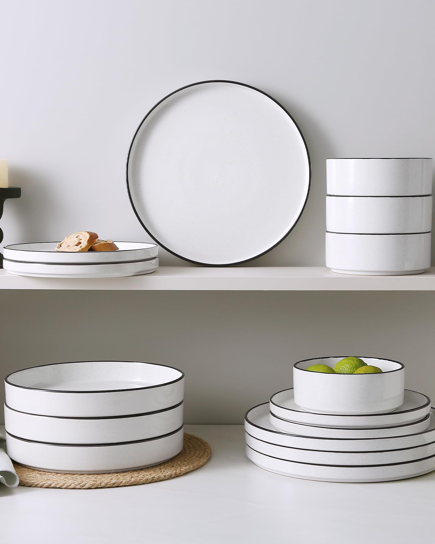 Famiware Nebula 12-Piece Dinnerware Set, White with Black Rim