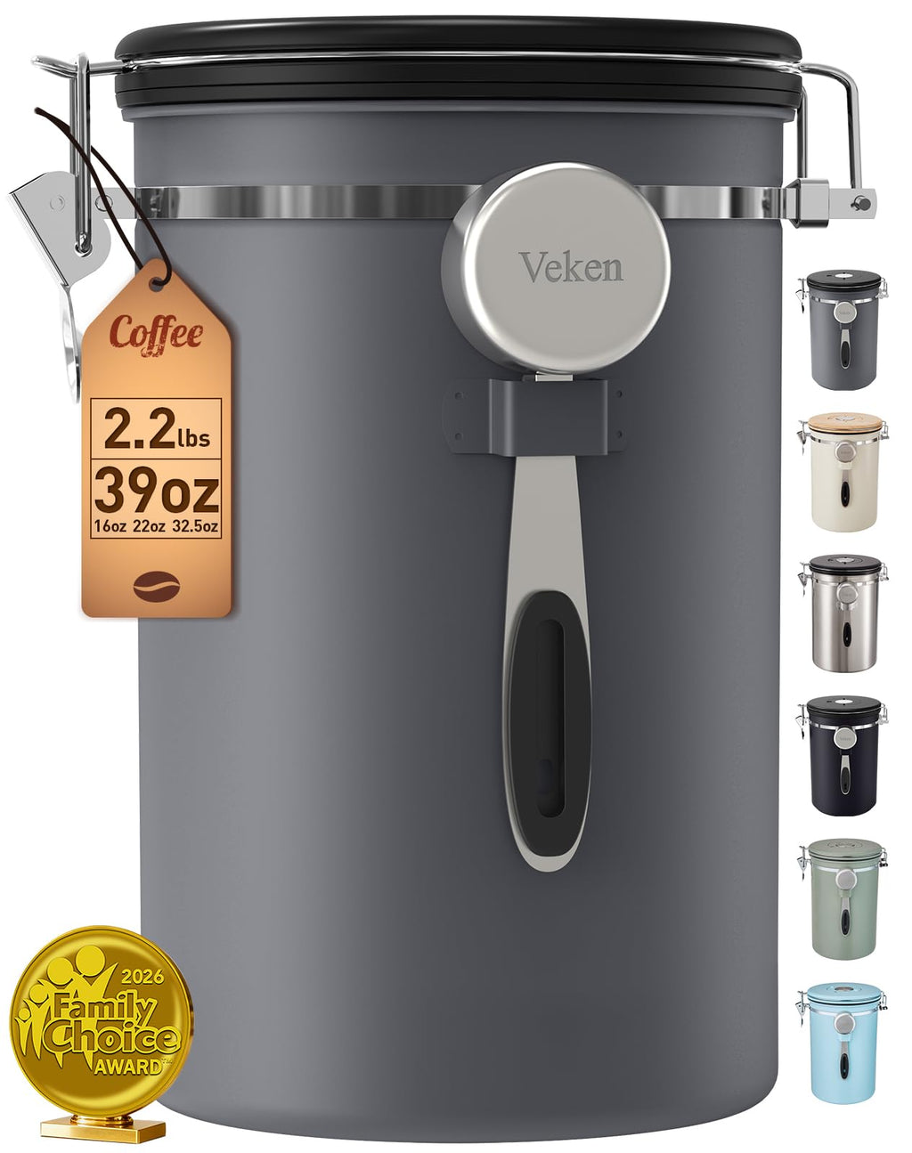 Veken Coffee Canister,39OZ, 2.2lbs,Large Airtight Stainless Steel Container