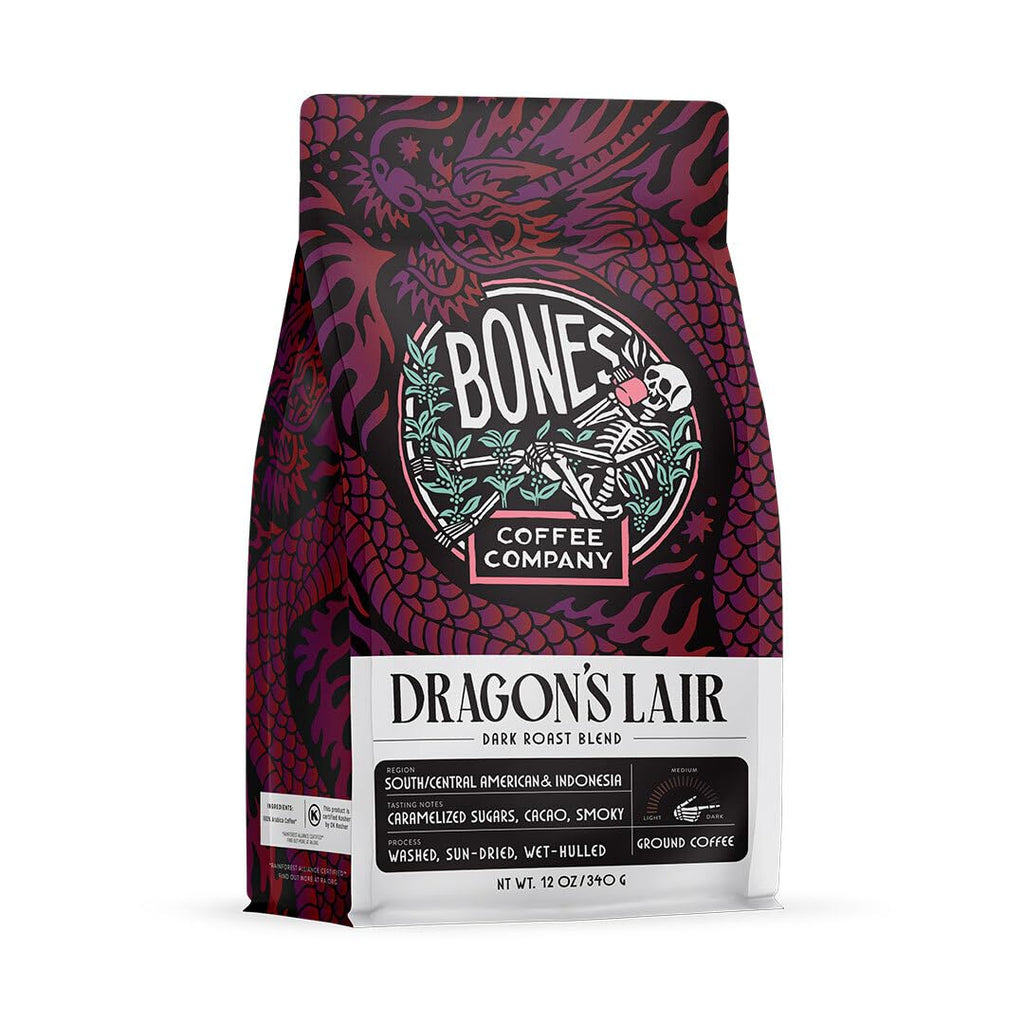 Bones Coffee Company High Voltage, Highly Caffeinated Unflavored Coffee, Medium Roast Low Acid Arabica Beans Compatible with Auto drip and French Press Coffee Maker, 12 Oz Whole Bean