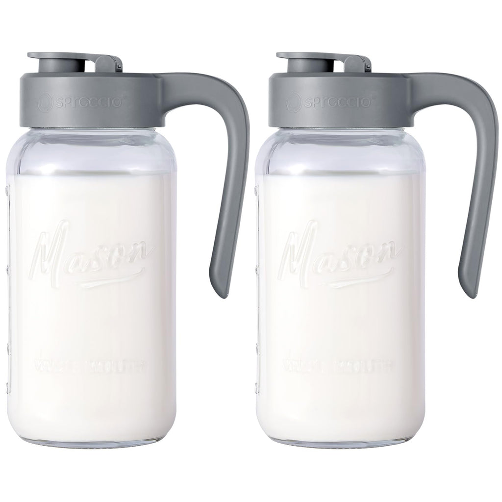 Spreccio Mason Jar Pitcher, 2 pcs 64 oz (2 quart), Glass Pitcher with Lid