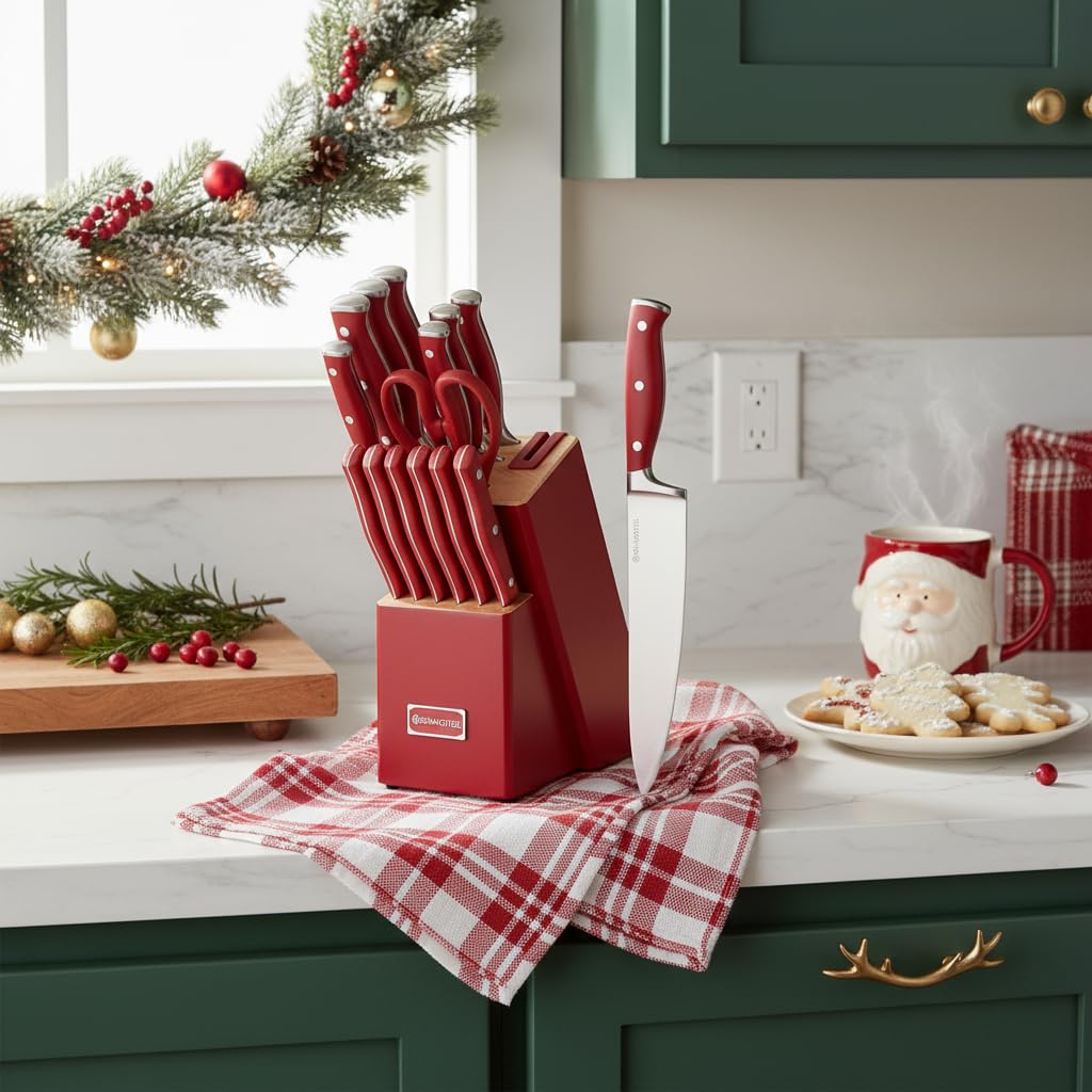 Red Knife Set with Block, 15-Piece Knife Block Set with Built-in Sharpener