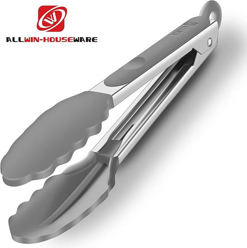 2 Pack Silicone Kitchen Tongs, 9 & 12 Inch, Stainless Steel, Grey