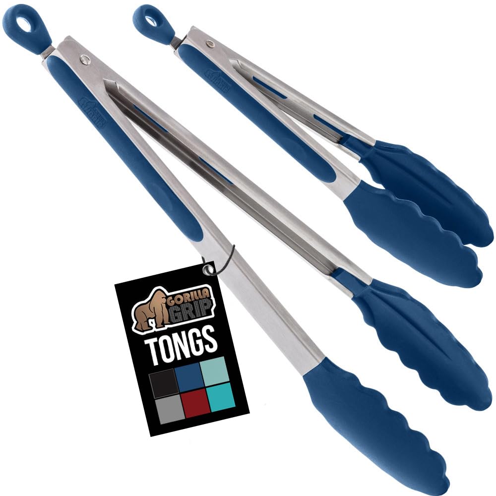 GORILLA GRIP Stainless Steel Kitchen Tongs for Cooking, 2 PK, Turquoise